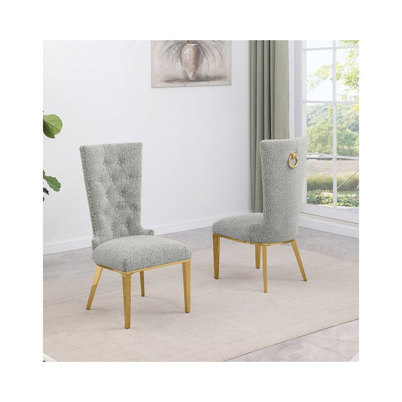 Rich Gray Boucle Fabric With Gold Chrome Base Glam Dining Chairs (Set Of 2)