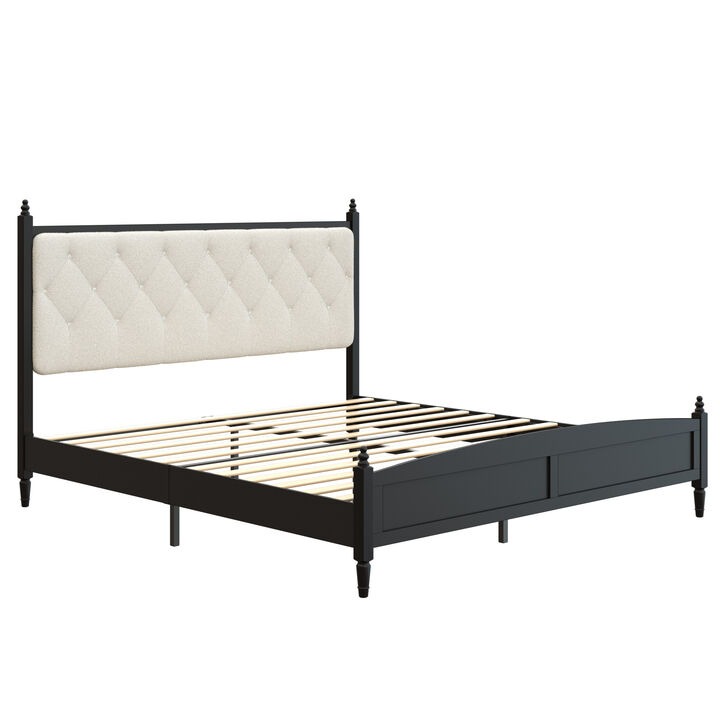 Threrd Easy Assembly Upholstered Platform Bed Frame with Soft Padded Headboard