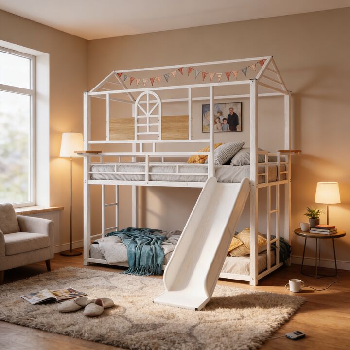 Whisen Twin Over Twin Metal Bunk Bed with Slide, Metal Playhouse for Kids Bedroom
