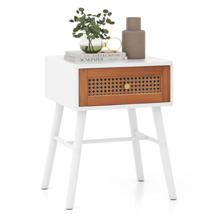 Hivvago Rattan Nightstand Mid Century Modern Accent Table with Drawer