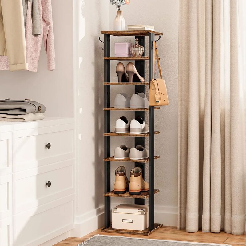 Vertical Shoe Storage Rack with 8 Tiers and Side Hooks for Organization- Brown image number 1