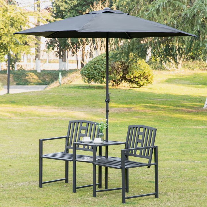 Black Tete-a-Tete Garden Bench: with Center Table, Metal Frame, Outdoor 2-Person Loveseat with Armrest, Umbrella Hole for Patio Backyard Porch
