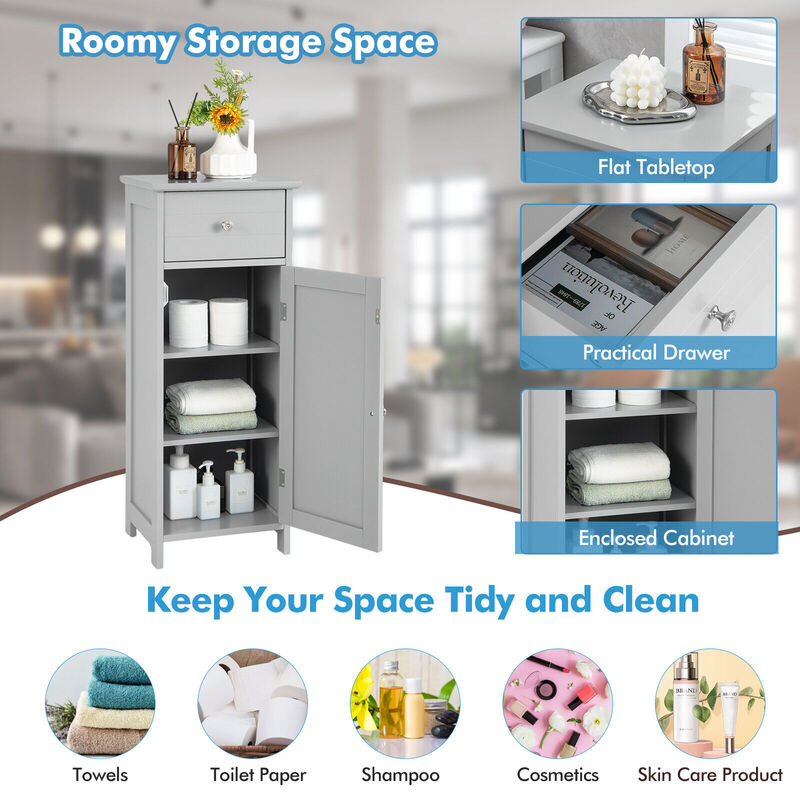 Wooden Bathroom Floor Storage Cabinet with Drawer and Shelf image number 4