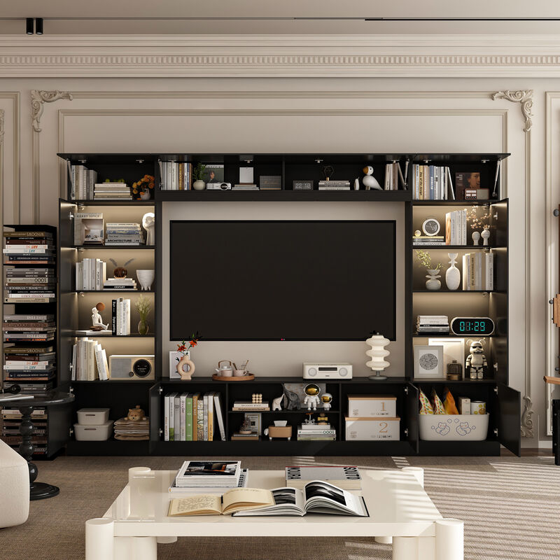 4-Piece Black Wood Entertainment Center TV Console with Door Cabinets, Bookshelves, LED Lights for TVs up to 75 in.