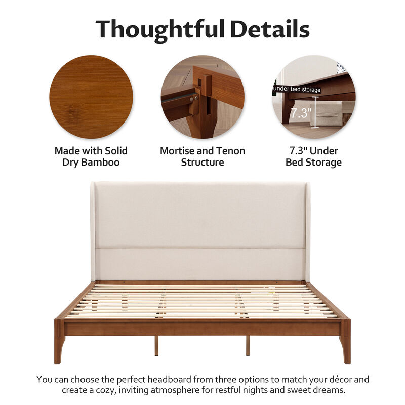Merax Bamboo Wood Platform Bed with Upholstered Headboard image number 3