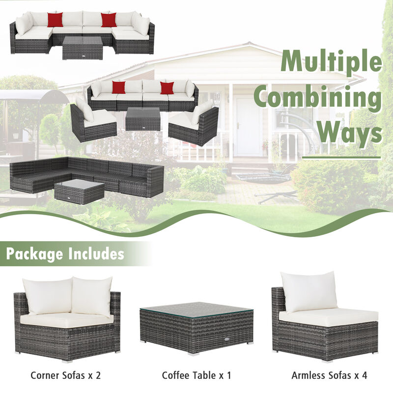 7 Pieces Patio Rattan Furniture Set with Sectional Sofa Cushioned image number 4