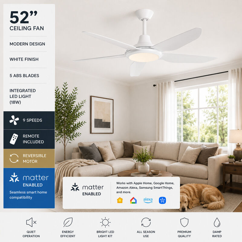 ENLIGHT 52" Smart DC Ceiling Fan with Light, Matter Smart Home Integration, CCT and Dimmable LED, 5 Blades, Damp/Outdoor Covered Rated image number 1