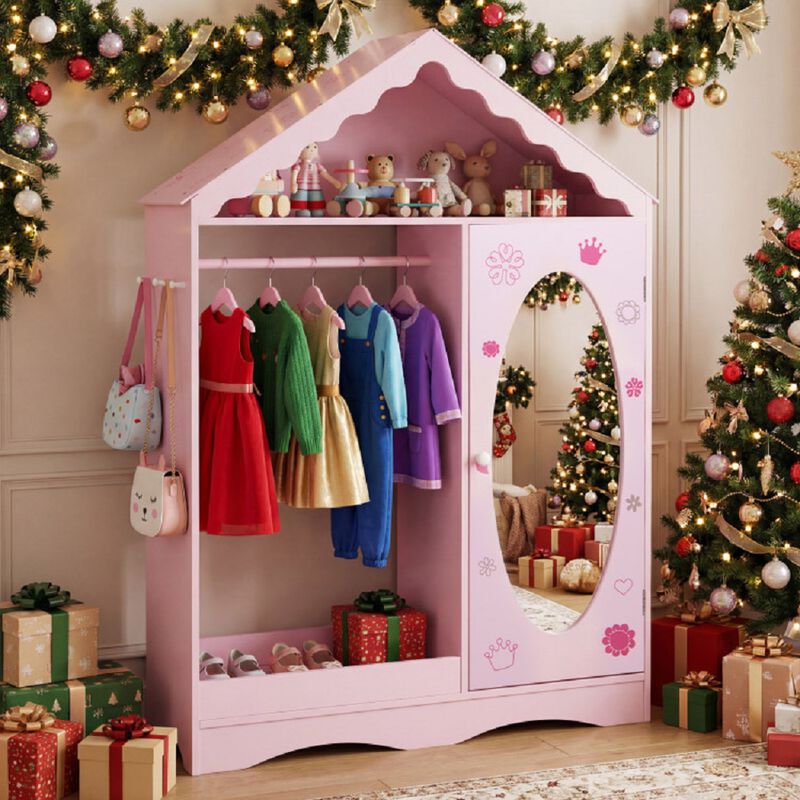 Kids Wardrobe Closet with Mirror, Dress Up Storage with Open Hanging Rack image number 4