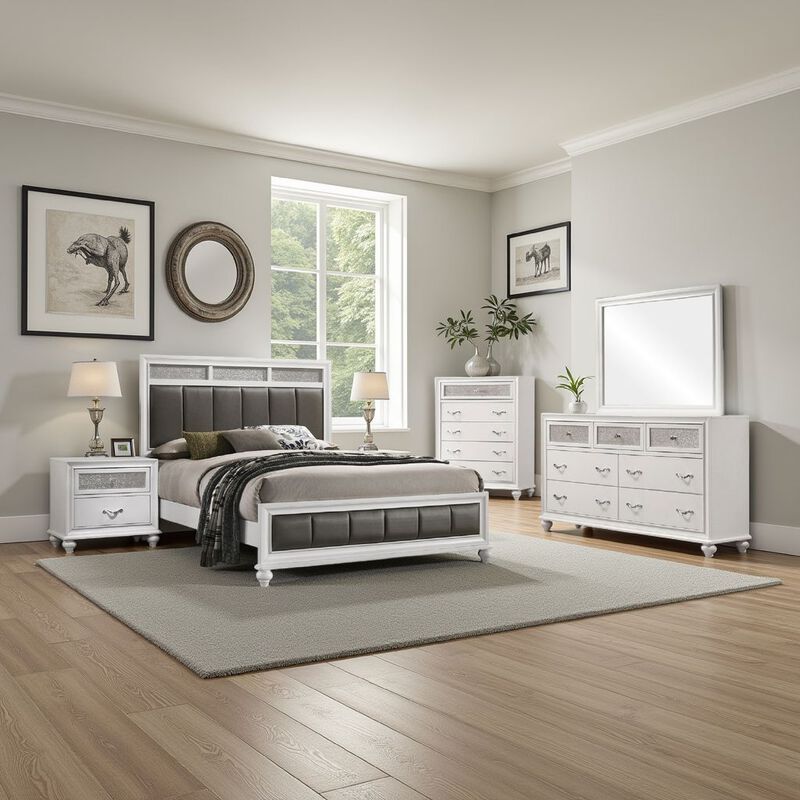 Dini 5pc Queen Bedroom Set, Gray Faux Leather Grid Upholstery, White