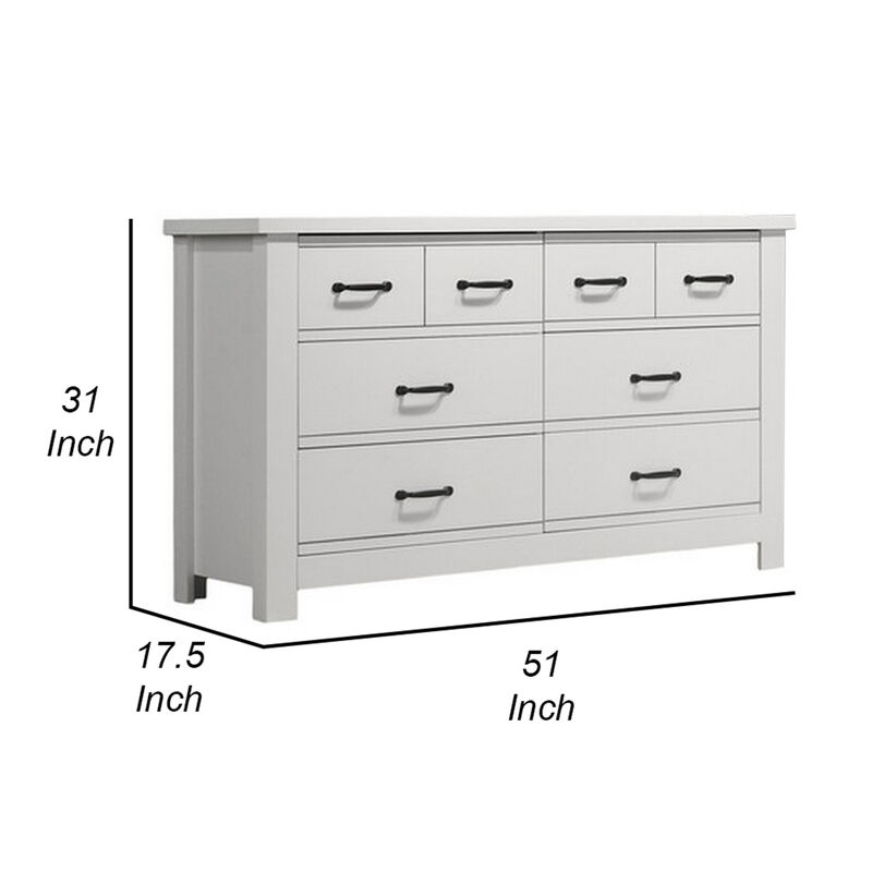 Jermy 51 Inch Wide Dresser, 6 Drawers, Black Handles, Crisp White Finish