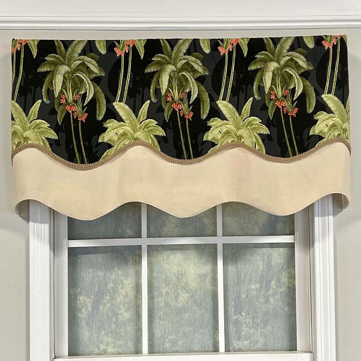 RLF Home Shadow Gimp Trim Detail Printed Palm Glory High Quality Valance 3" Rod Pocket 50" x 16" Ebony Black