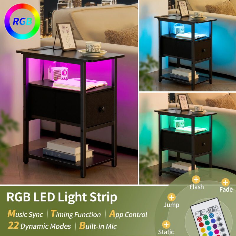 Yoobure Narrow Side Table, LED End Table with Charging Station, 3-Tier End Tables Living Room with Adjustable Fabric Drawer, Sma