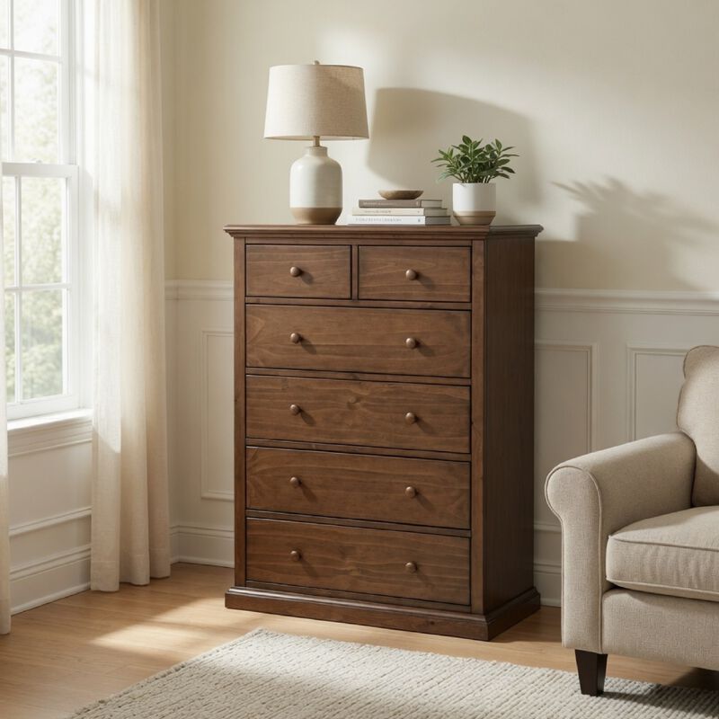 Umer Tall Dresser Chest, 6 Tinted Drawers, Plinth Base, Medium Brown Wood image number 1