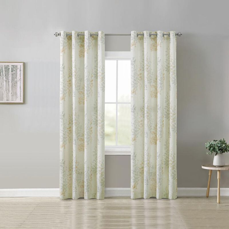 Habitat Lana Light Filtering Grommet Curtain Panel Two Tone Leaf Branches Bouquet Faux Linen Fabric Designed Ivory