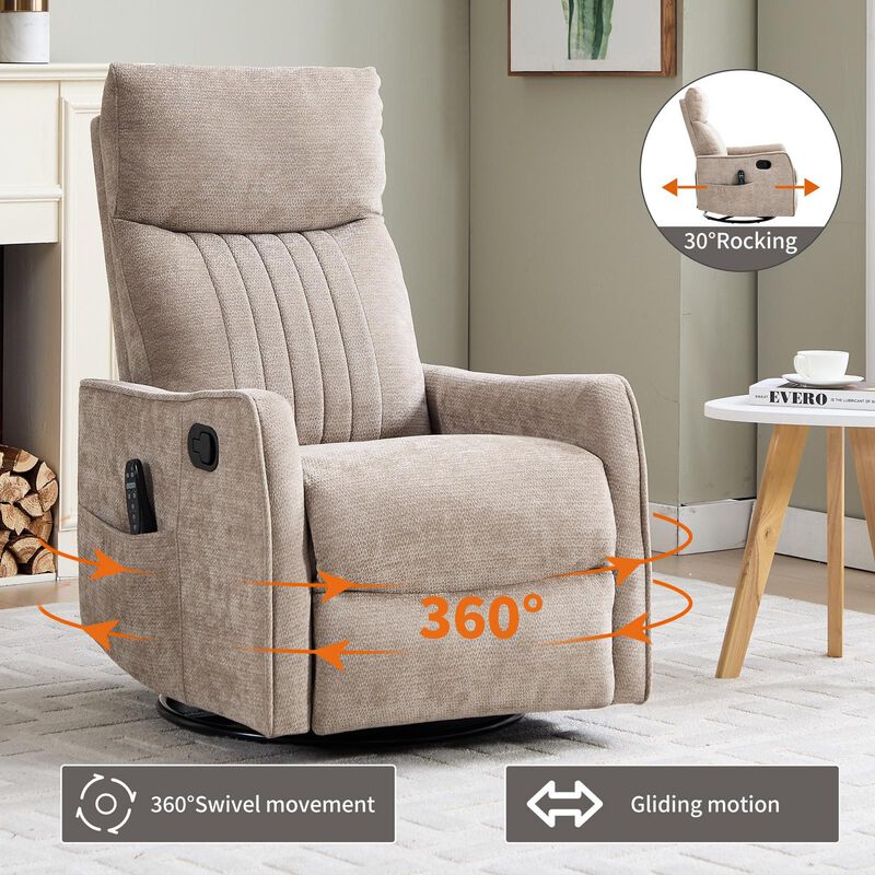 360&deg; Swivel Rocker Manual Recliner Chair with Heat and Massage, Upholstered Chenille Reclining Chair for Living Room image number 2