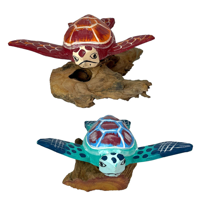 Handcrafted Sea Turtle Sculptures Set of 2, Coastal Wood Art, Ocean Home Decor image number 0