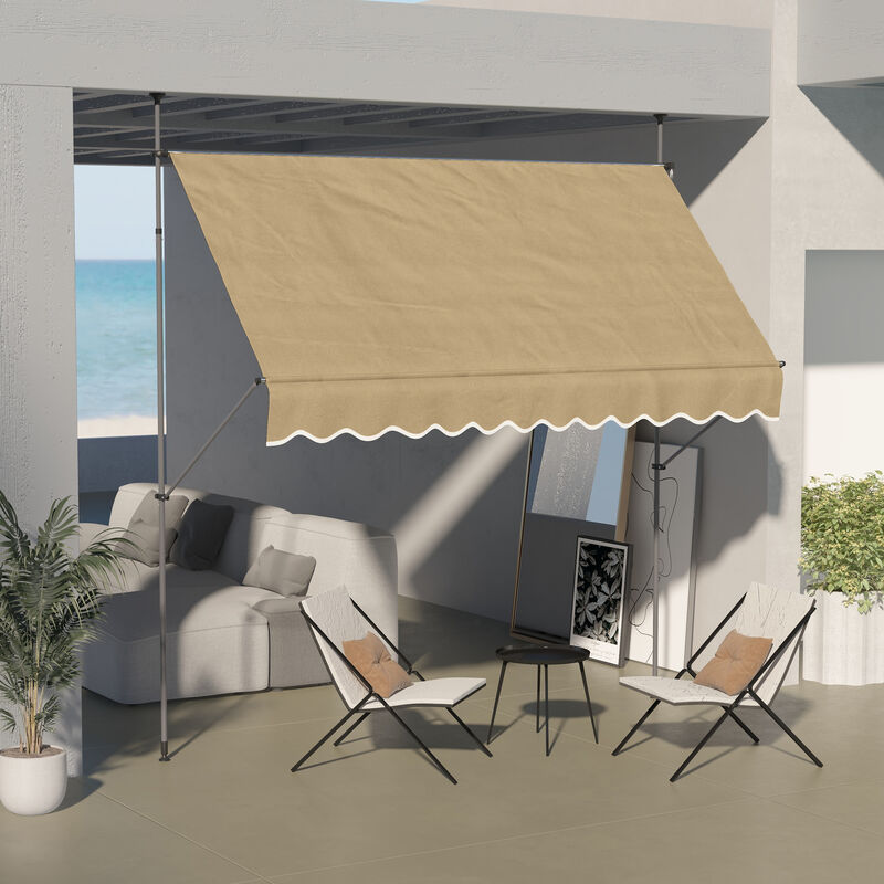 Outsunny 6.5' x 4' Manual Retractable Awning, Non-Screw Freestanding Patio Sun Shade Shelter with Support Pole Stand and UV Resistant Fabric for Window, Door, Porch, Deck, Beige