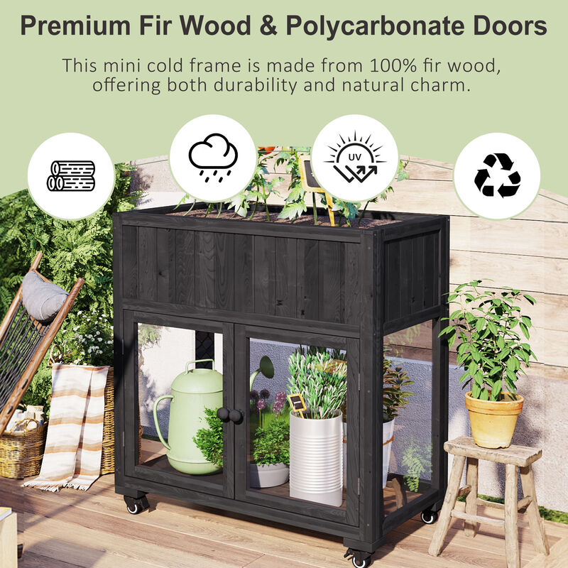 Wood Cold Frame with Raised Garden Bed & Wheels, 2-Door Greenhouse for Indoor/Outdoor Use