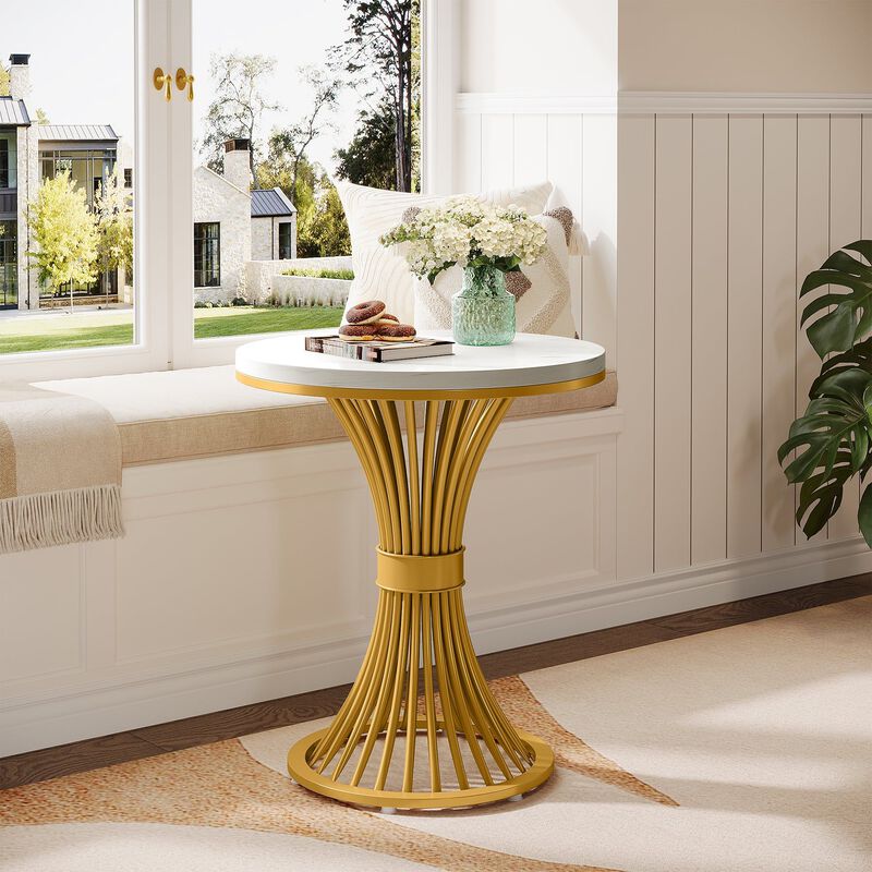 Faux Marble Round Side Table with Gold Metal Base, End Table image number 1