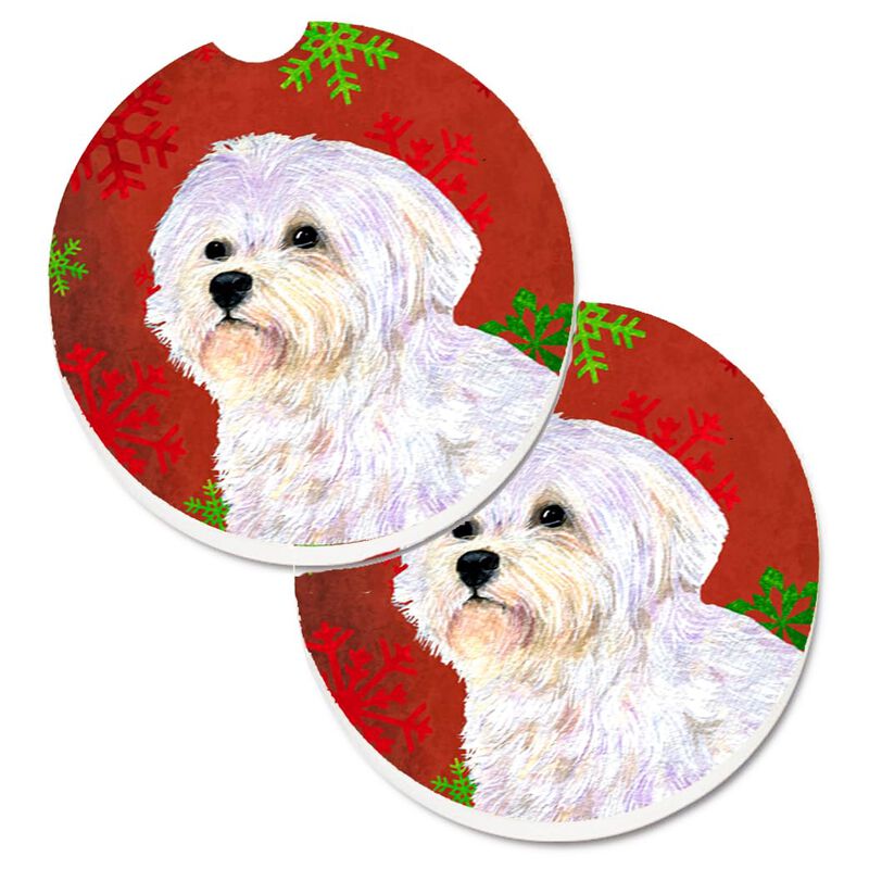 Caroline's Treasures Maltese Red & green Snowflakes Holiday Christmas Set of 2 Cup Holder Car Coasters SS4688CARC, 2.56, Multicolor image number 0