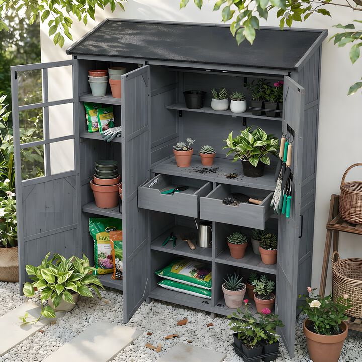 Whisen 60.6" Rustic Fir Wood Garden Shed with 2 Drawers, 7 Shelves & Workstation, Outdoor Backyard Storage Cabinet