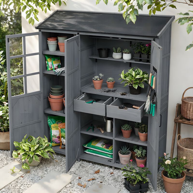 Whisen 60.6" Rustic Fir Wood Garden Shed with 2 Drawers, 7 Shelves & Workstation, Outdoor Backyard Storage Cabinet image number 1