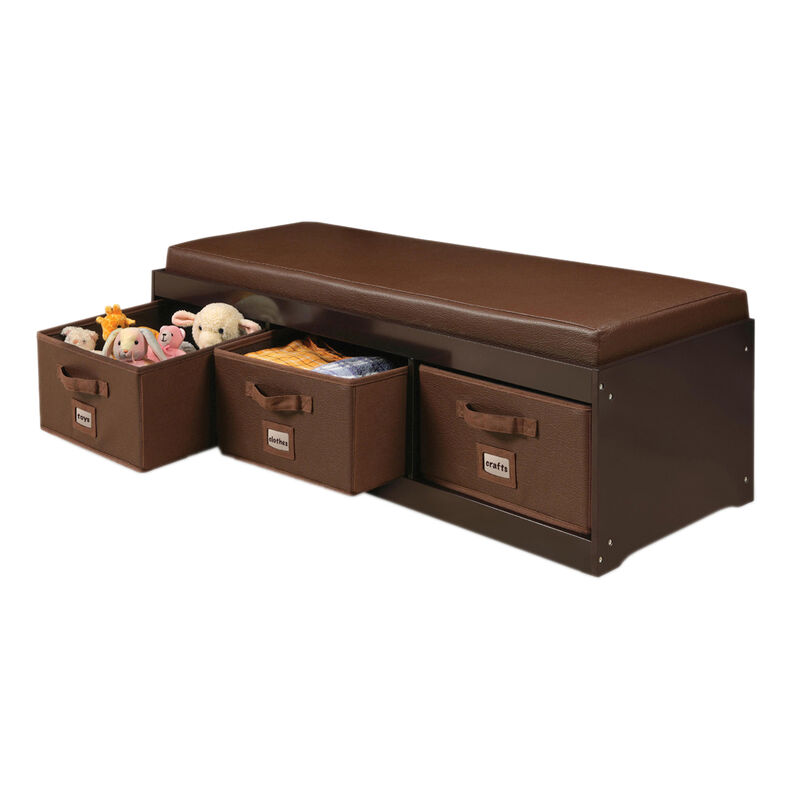 Badger Basket Co. Kid's Storage Bench with Cushion and Three Bins - Espresso with Espresso