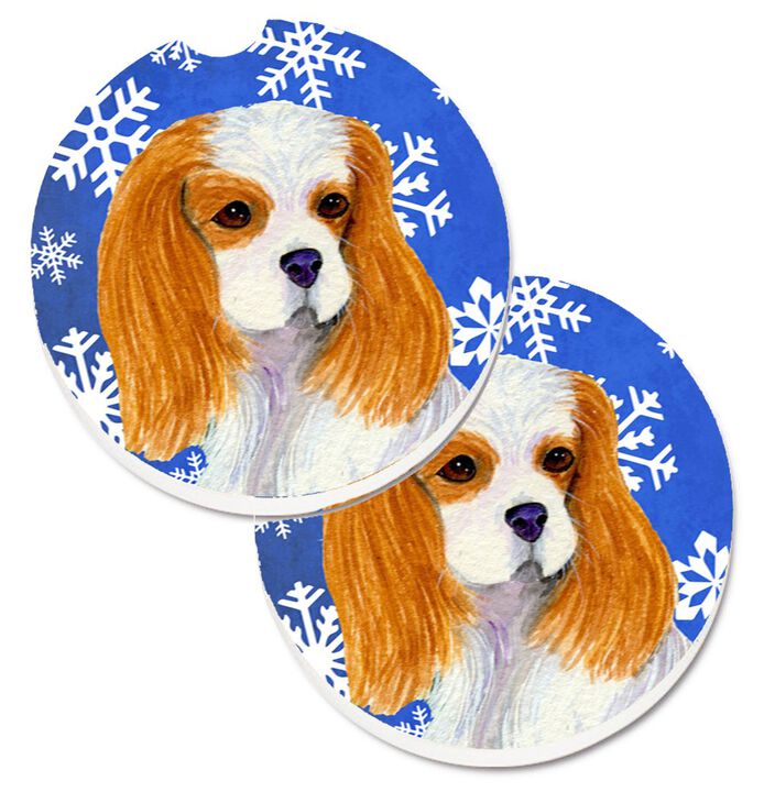 Caroline's Treasures Cavalier Spaniel Winter Snowflakes Holiday Set of 2 Cup Holder Car Coasters SS4665CARC, 2.56, Multicolor