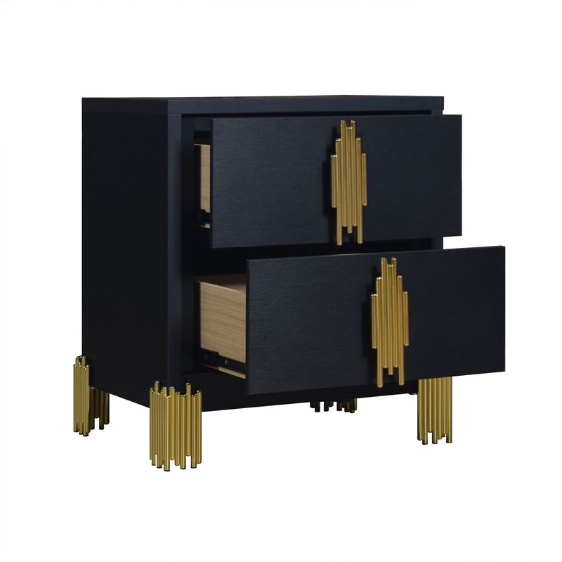 Theo Nightstand, 2 Drawers, Retro Gold Handles and Black Wood, 25 Inch - Benzara