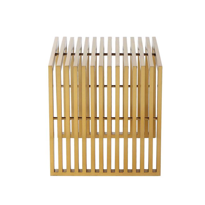 Niki 17 Inch Accent Stool, Slatted Design, Square, Luxurious Brushed Gold  - Benzara