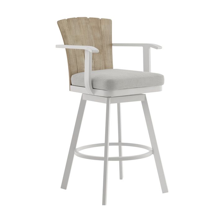 Luna 30 Inch Outdoor Swivel Barstool Chair, Rustic Teak Wood, White - Benzara
