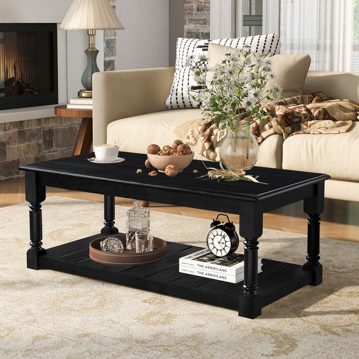 Merax Two-Tier Farmhouse Coffee Table with Spacious Top & Lower Shelf, Sturdy Wood Construction