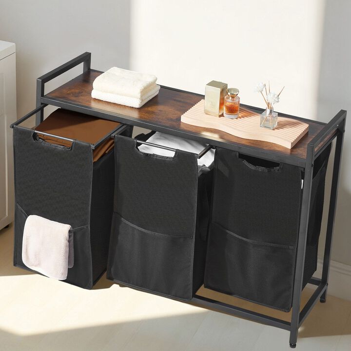 3 Section Laundry Sorter, Hamper with Metal Frame & Wooden Top, Pull-Out Bags