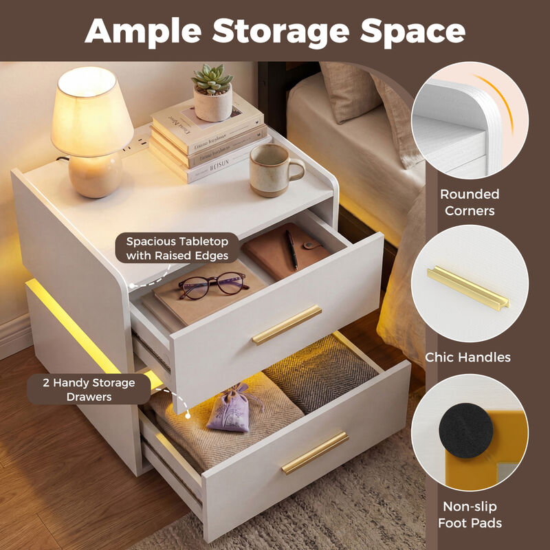 Modern Nightstand with LED Light, Charging Station and 2 Storage Drawers image number 3