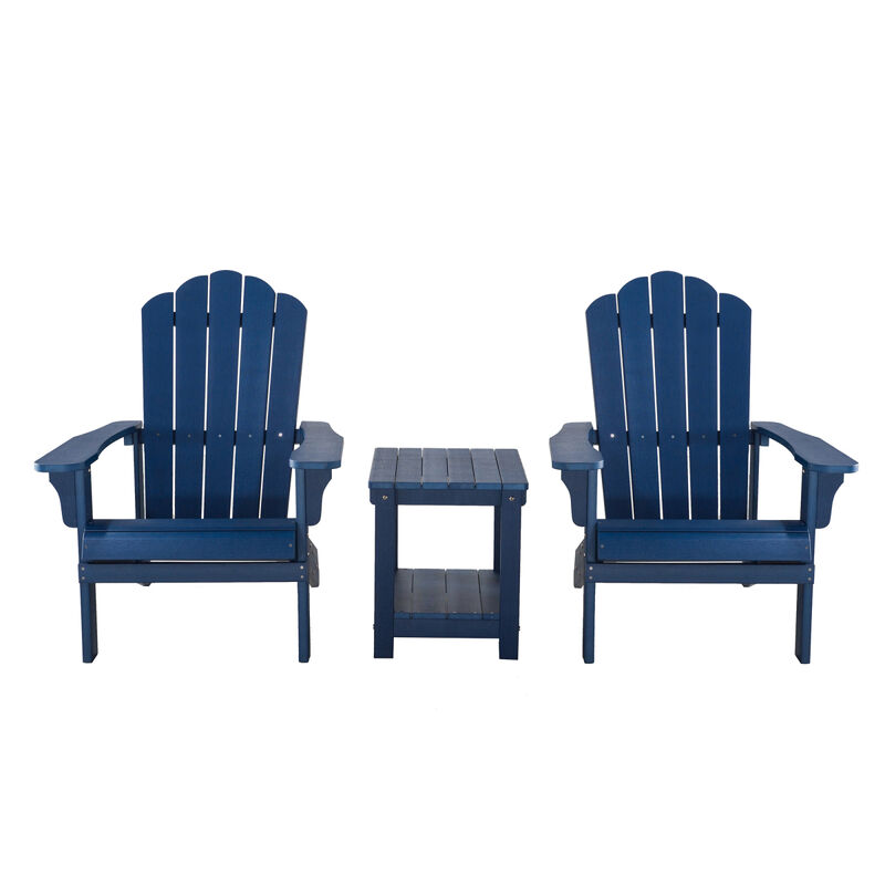 3 Piece Outdoor Patio All-Weather Plastic Wood Adirondack Bistro Set, 2 Adirondack chairs, and 1 small, side, end table set for Deck, Backyards, Garden, Lawns, Poolside, and Beaches, Blue