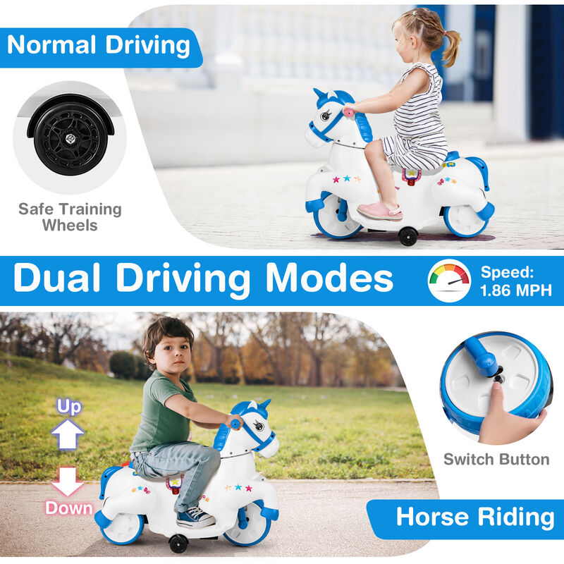 Kids 12V Ride On Unicorn Toy with Training Wheels and Horse Riding Design image number 6