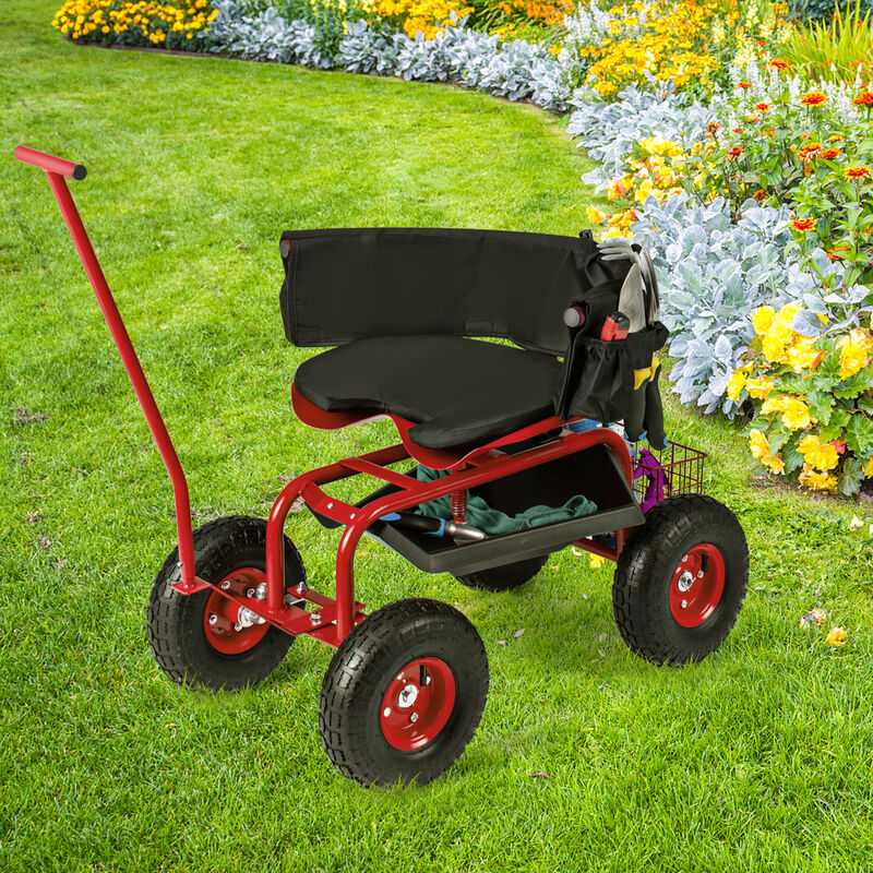 Portable Garden Seat Cart with Wheels, Swivel Function, and Tool Storage