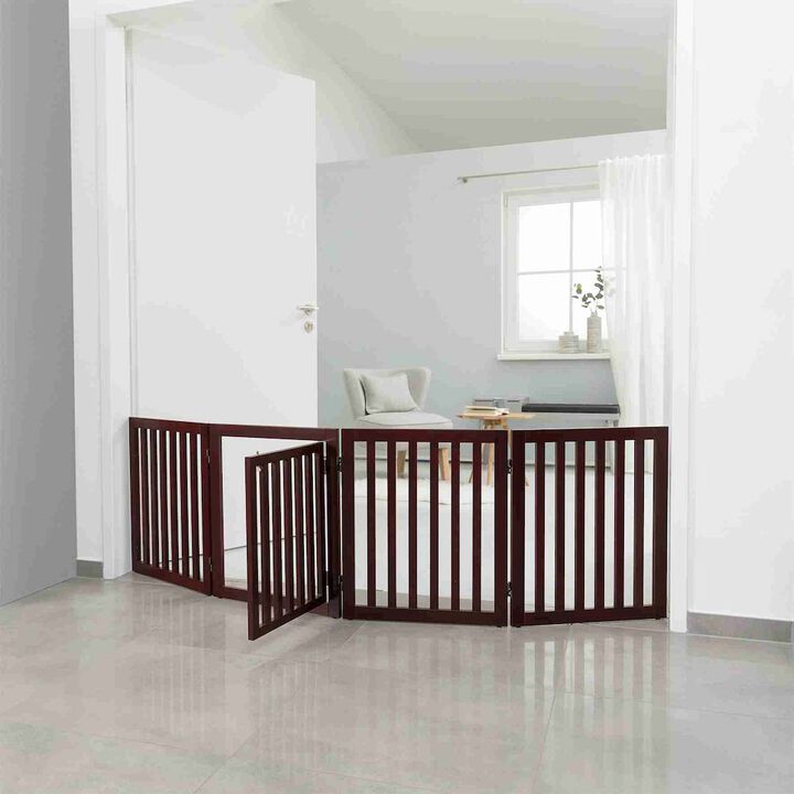 TRIXIE 4-Panel Convertible Wooden 80" Freestanding Pet Gate - Pen with Pet Door, Brown