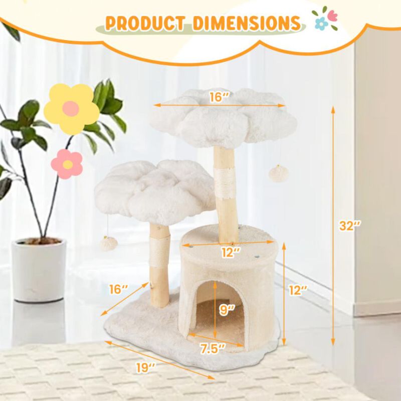 Hivvago Cute Solid Wood Cat Tree Natural Branch Modern Flower Cat Tower with Sisal Scratching Posts