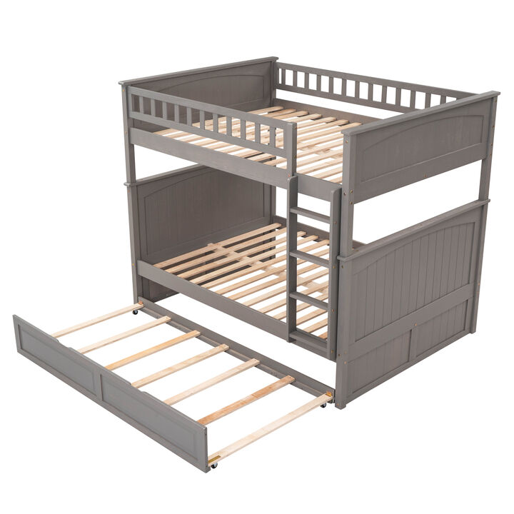 Full Over Full Bunk Bed with Twin Size Trundle, Pine Wood Bunk Bed with Guardrails, White