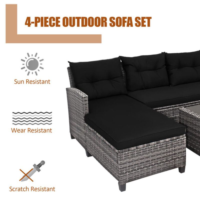 Hivvago 4 Pieces Patio Rattan Sofa Furniture Set with Cushion and 2-Tier Coffee Table