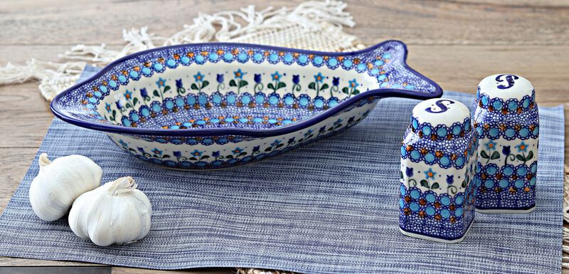 Blue Rose Polish Pottery Aztec Flower Salt & Pepper Shakers