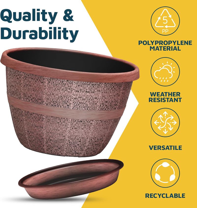 10-Inch Whiskey Barrel Planters Outdoor Pack of 20 - Durable Plastic Plant Pots for Indoor & Outdoor Use with Drainage & Saucer, Lightweight Rustic Barrel Planters for Flowers, Herbs & Small Plants image number 5