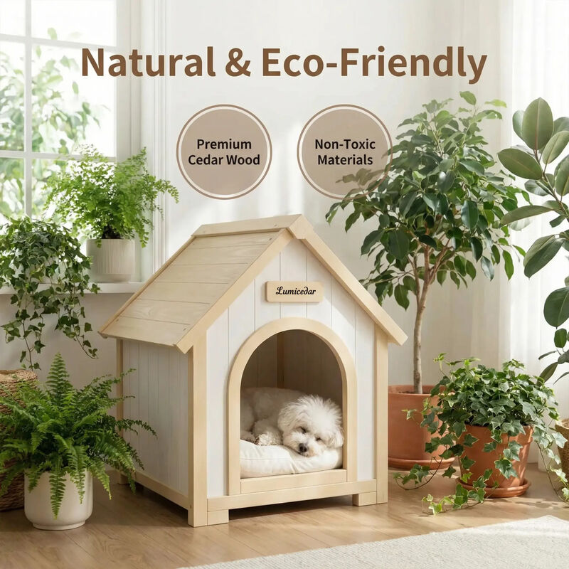 Solid Cedar Pet House, Cream Yellow Cabin Style Indoor Shelter for Small Dogs & Cats image number 8