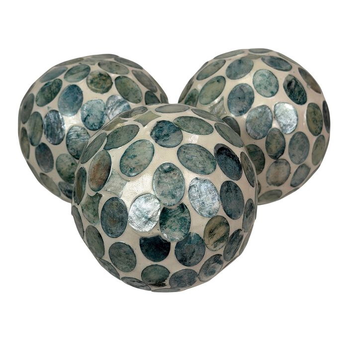 Sea Blue Capiz Shell 4 Inch Decorative Orbs Set Of 3 Coastal Balls