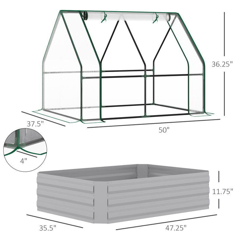 Outsunny 4' x 3' Galvanized Raised Garden Bed with Mini PVC Greenhouse Cover, Outdoor Metal Planter Box with 2 Roll-Up Windows for Growing Flowers, Fruits, Vegetables and Herbs, Clear