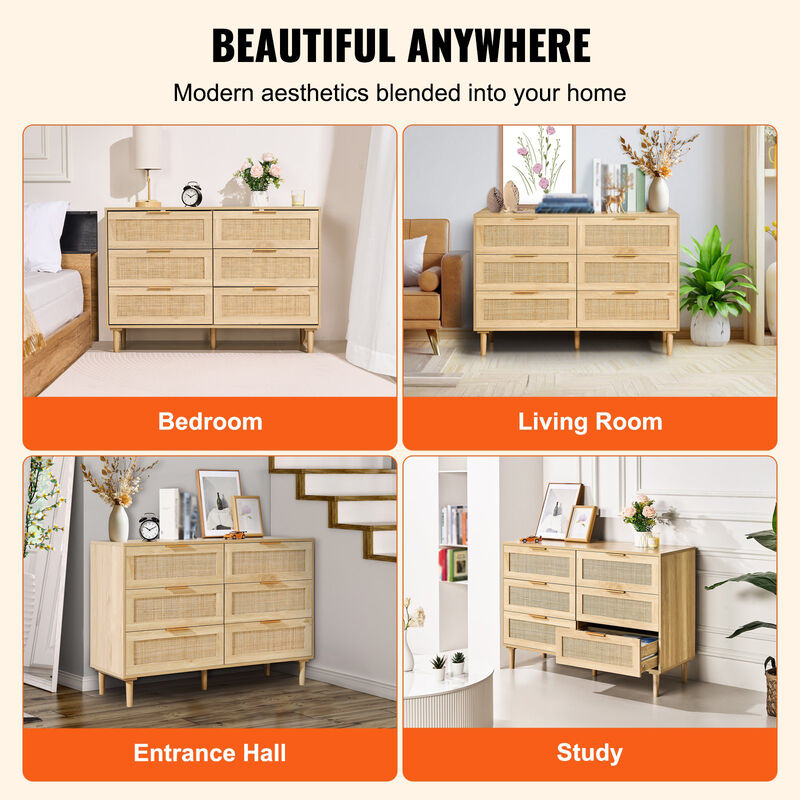 6 Drawer Rattan Dresser Chest of Drawers with Storage for Bedroom Living Room Hallway