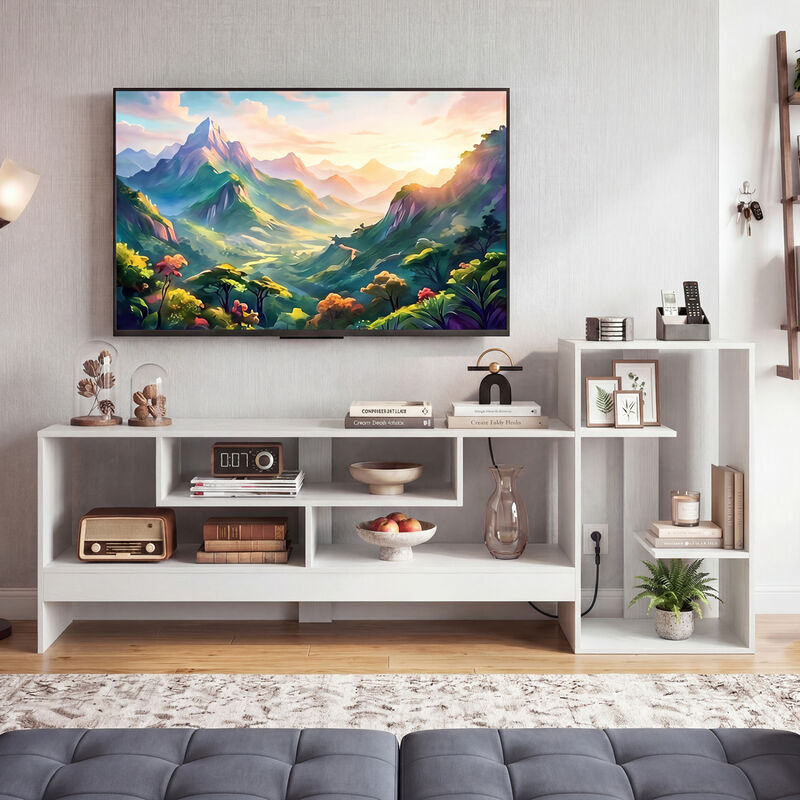 Modern TV Stand with Cube Storage Shelves and Charging Power Outlets image number 1