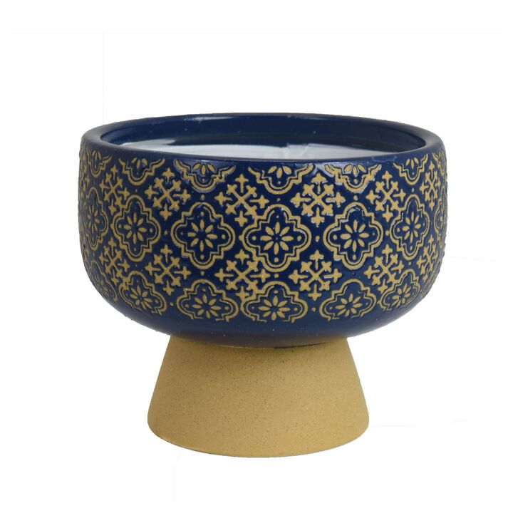 Hea Decorative Planter, Blue Gold Moroccan Pattern Footed Bowl, 9 Inch