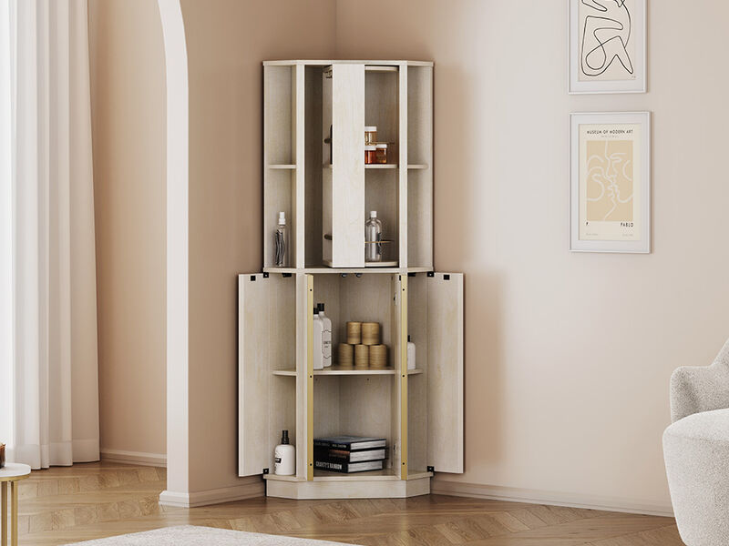 BELLEZE 68" Tall Farmhouse Corner Bar Storage Cabinet with Rotating Wine Rack, Modern Home Bar Liquor Storage Cabinet for Dining Room, Living Room & Kitchen, White Sand